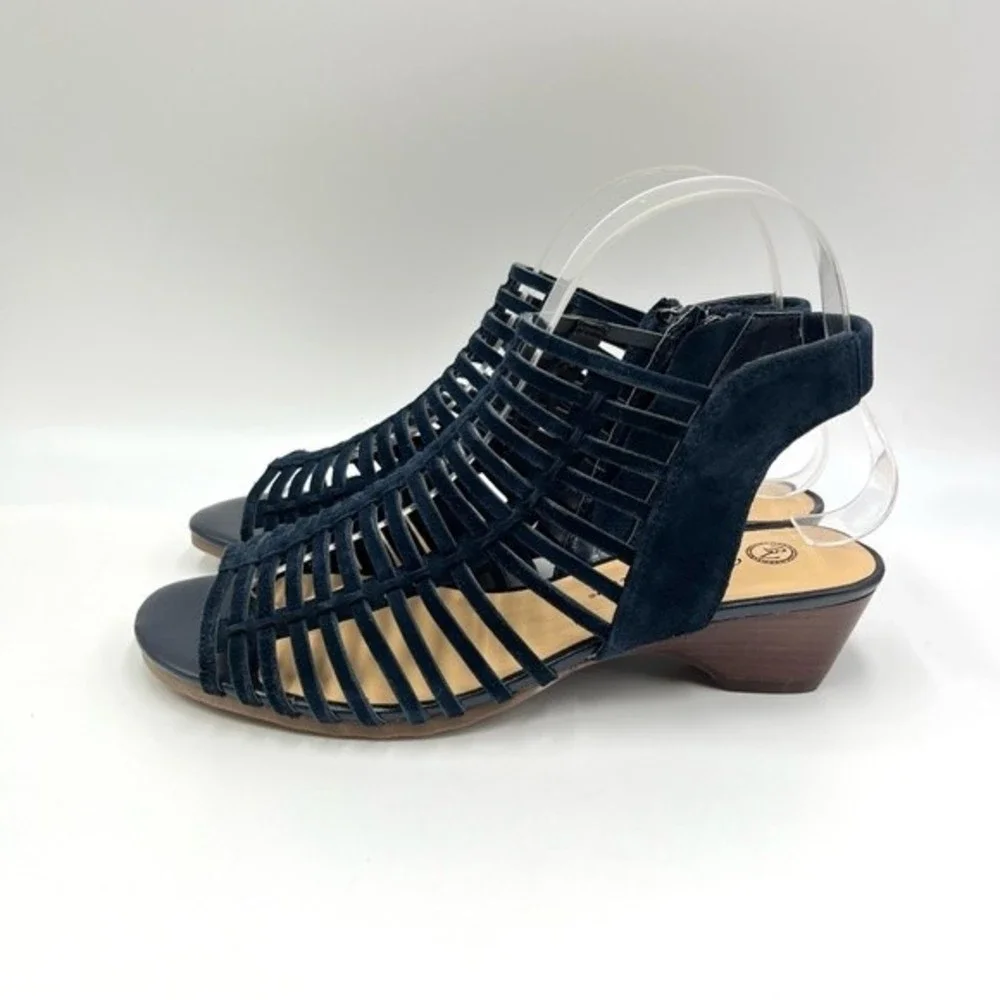 6W 6 WIDE WIDTH Bella Vita Pacey Navy Blue Suede Leather Gladiator Wedge Sandals
